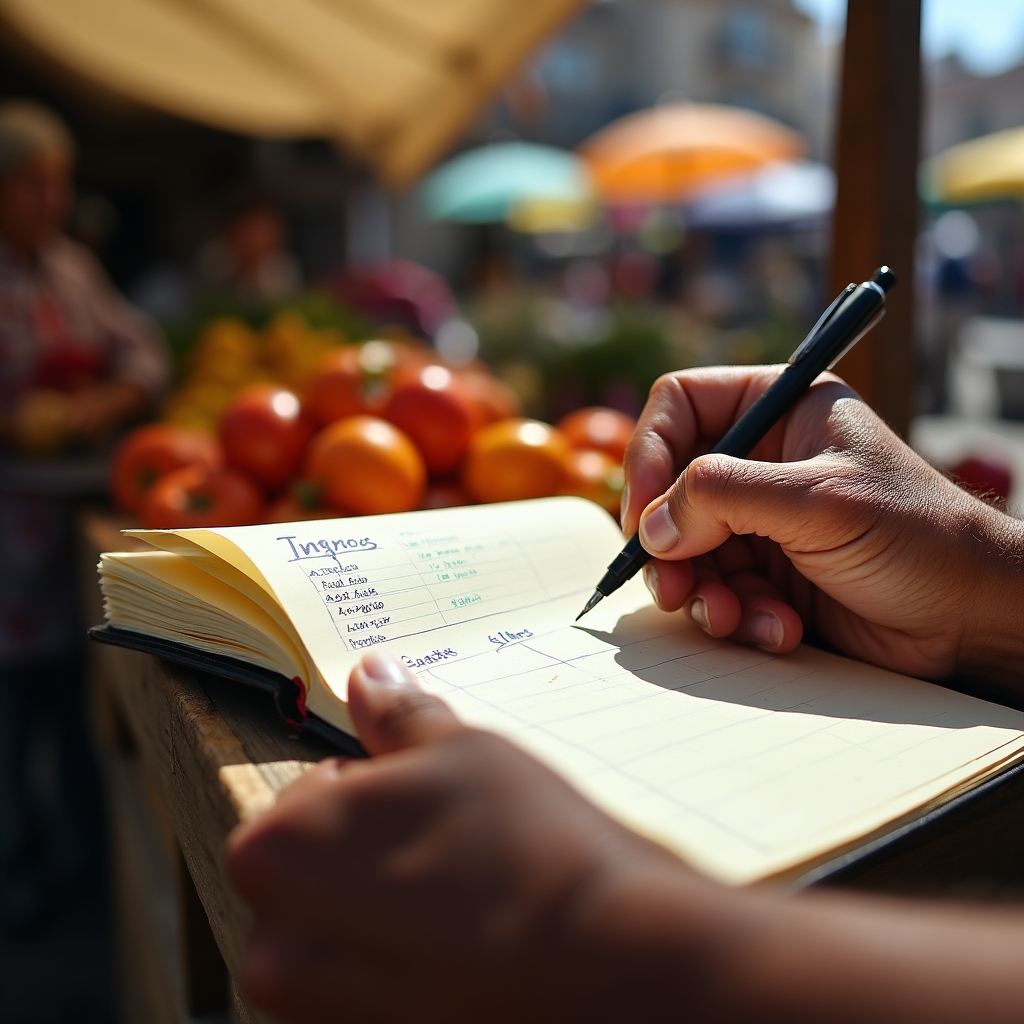 Market vendor reviewing handwritten financial records
