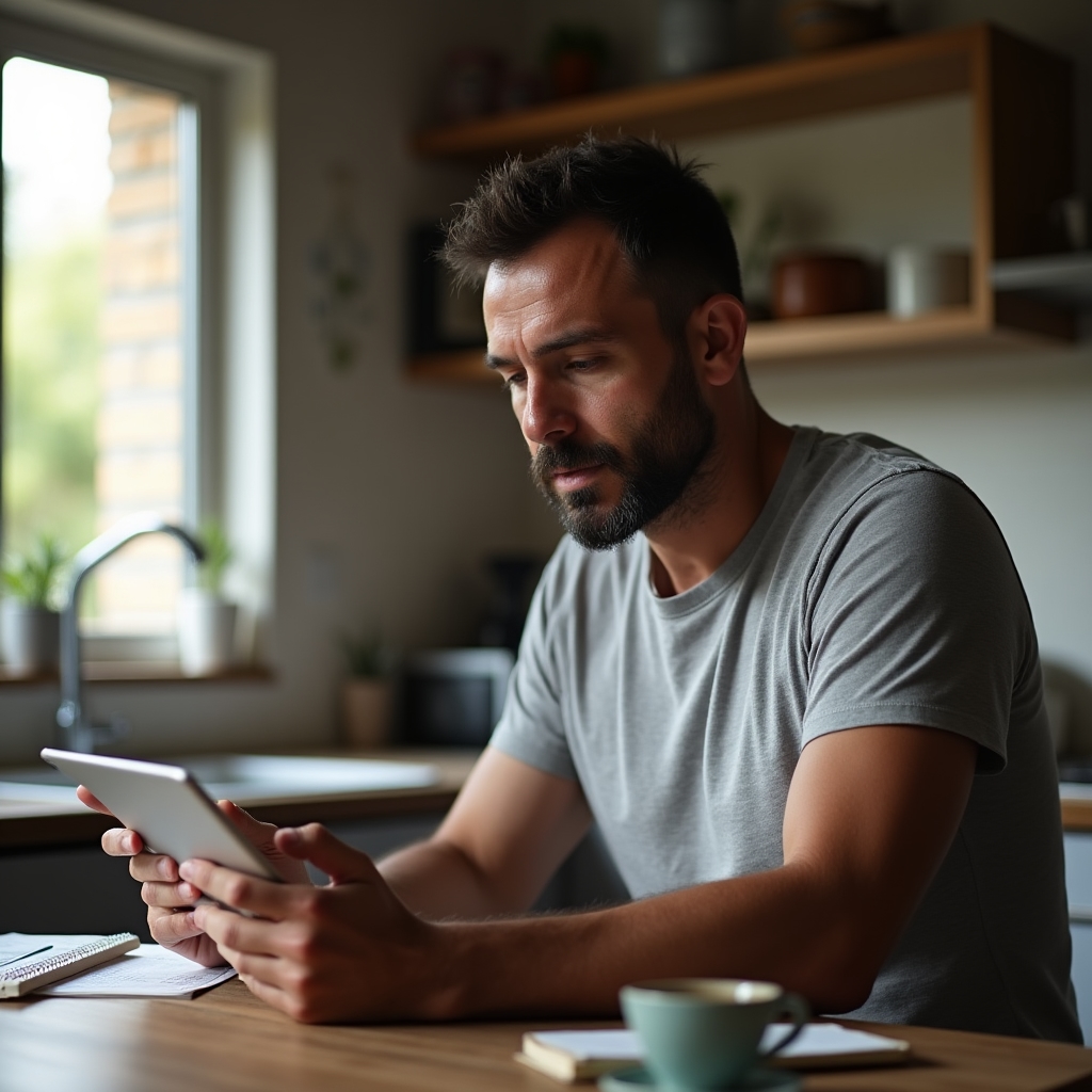 Trader learning financial skills on a tablet device at home